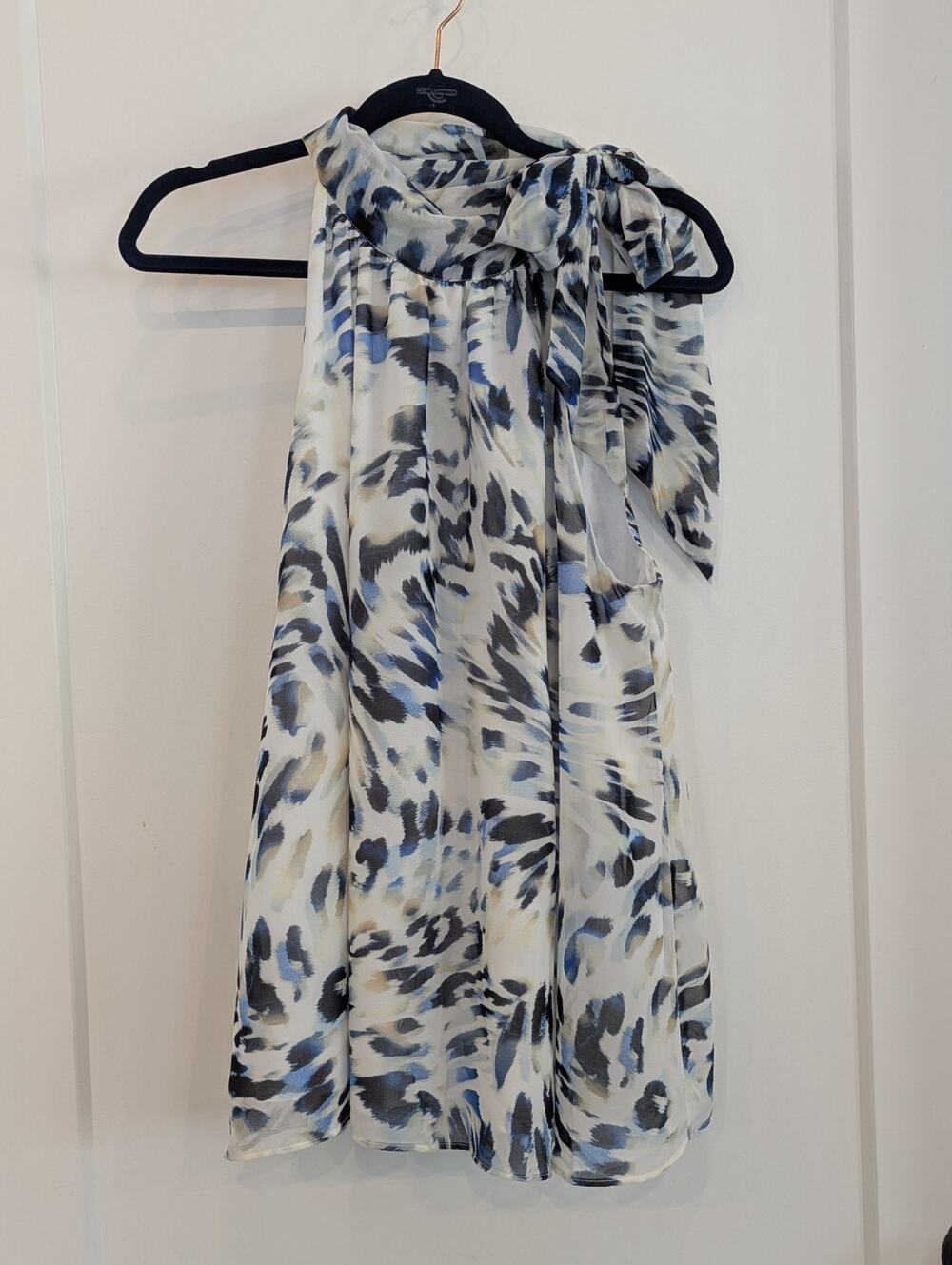 The Limited 1X Animal Swirl Blue Halter Blouse Trapeze Old Money Chic preppy